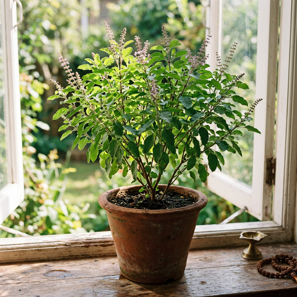 Basil plant in terracotta pot on wooden windowsill near open window