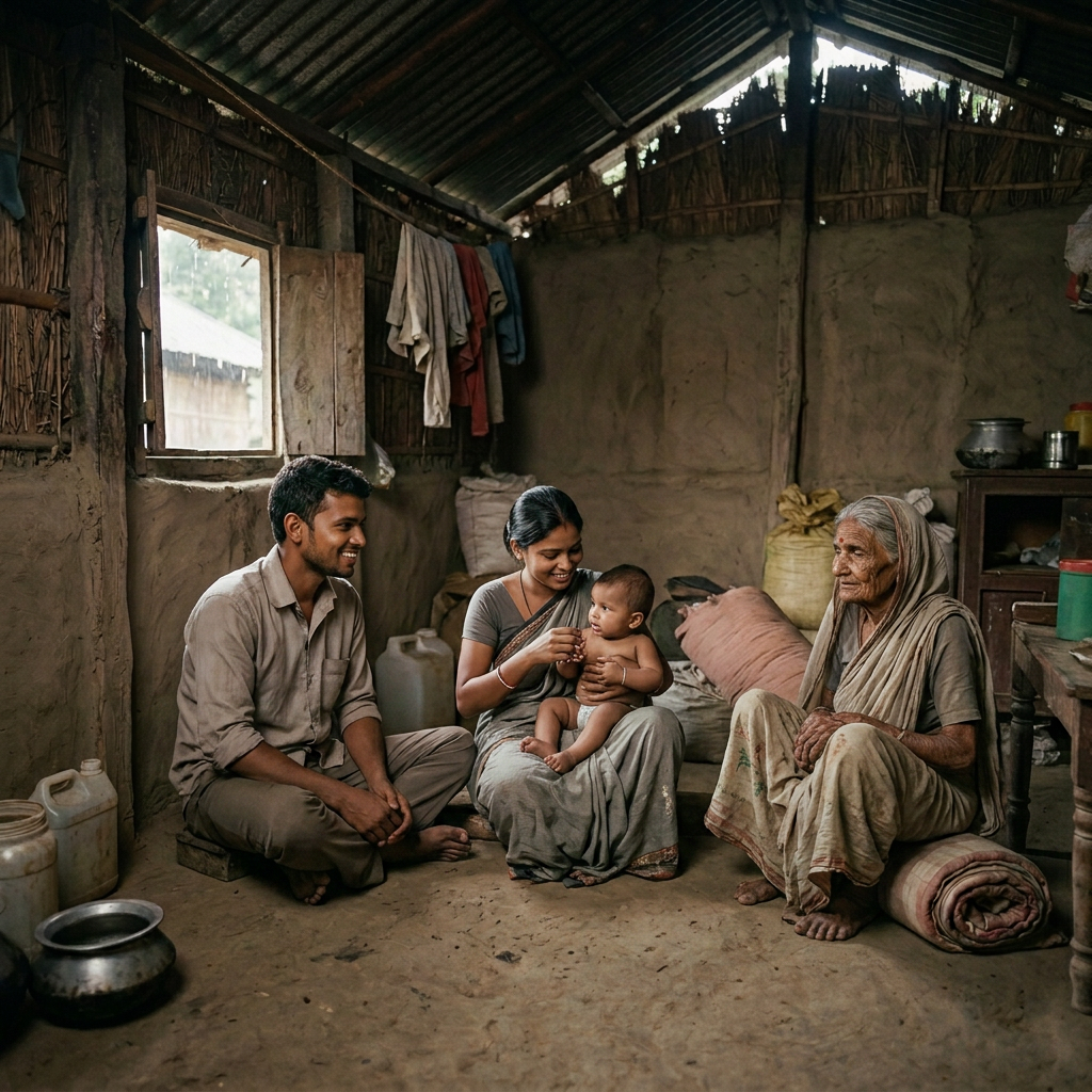 Family sitting around a clay stove inside a rustic home, cooking food